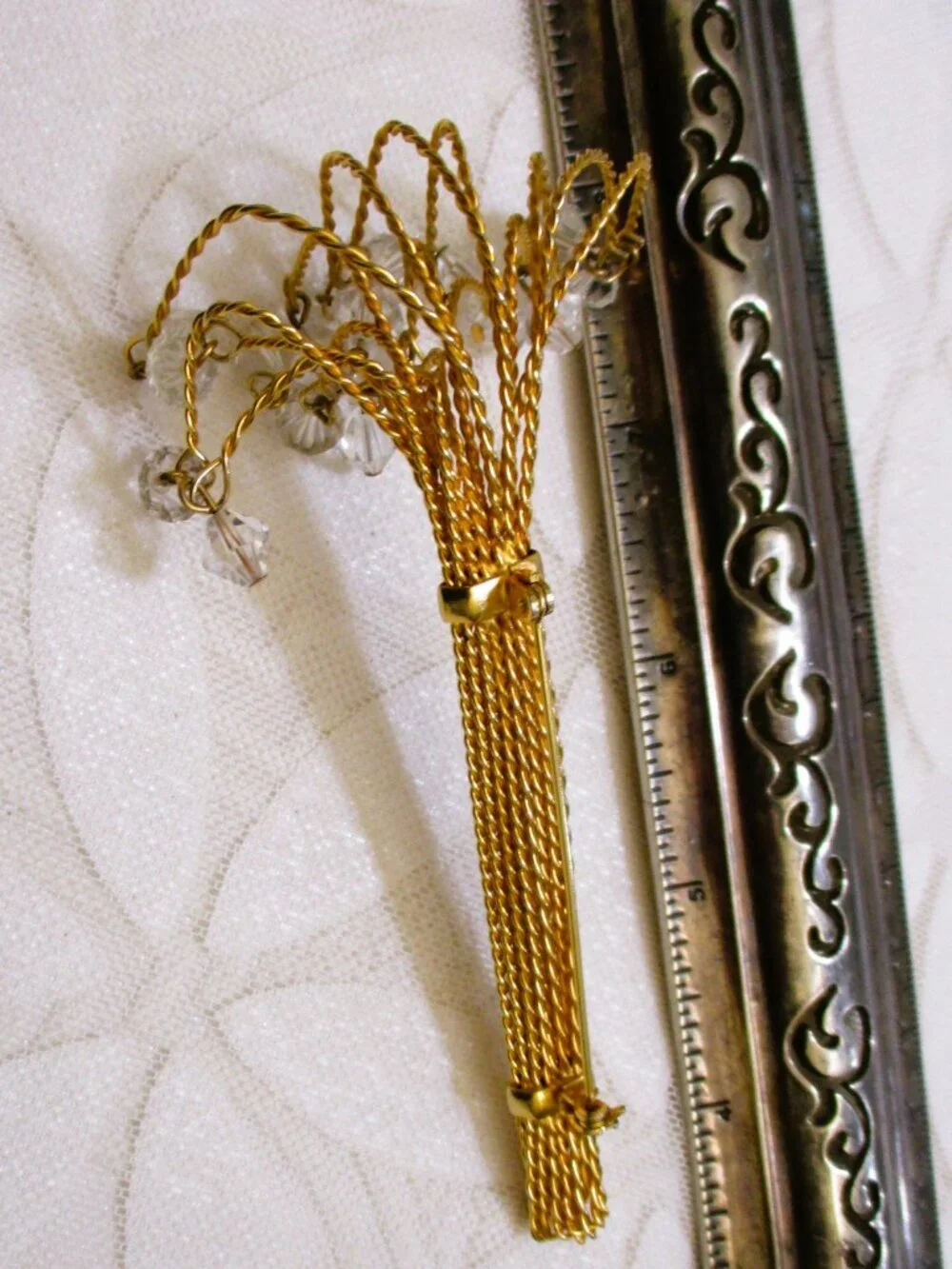 VINTAGE Fountain Spray Brooch: Gold Plate Crystal Dangle Statement Jewelry